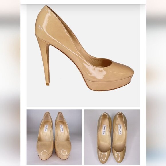 Jimmy Choo Alex Platform in Glossy Nude Beige Patent Leather Pump Heel 38.5 EU - Picture 2 of 8